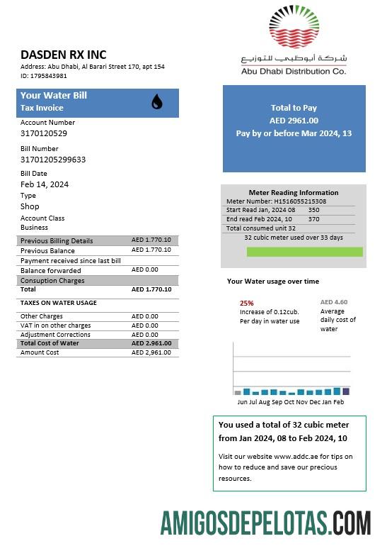 imprimível Modelo de conta de serviços públicos de distribuição de água nos Emirados Árabes Unidos Abu Dhabi em formatos Word e PDF